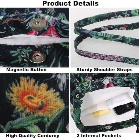 Women Black Plant Imported Corduroy Small Canvas Shoulder Handy Tote Bag - Picture 4 of 4